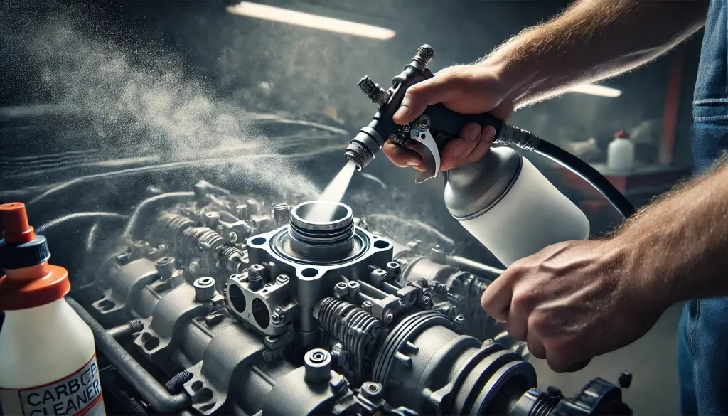 2025-09-18 12.10.24 - Realistic wide-format photo showing mechanic hands using a carburetor cleaner spray bottle on the throttle shaft area of a running engine. Spray mist .jpg